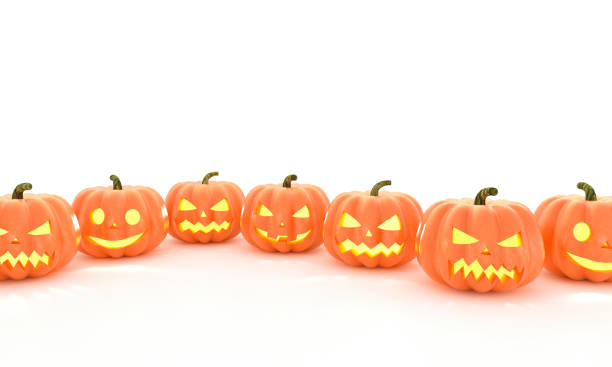 istock Seven Halloween Pumpkins in a row isolated on white background. 3D Rendering 1661103836