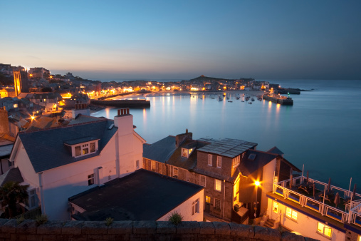 St Ives at twilight, located on the north coast of Cornwall.
