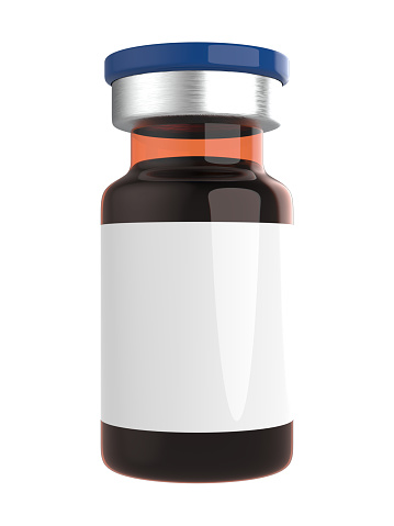 Medicine bottles for injection. Medical brown glass vials with blue caps, liquid solution for infusion isolated on a white background. Blank label mockup. 3d rendering illustration