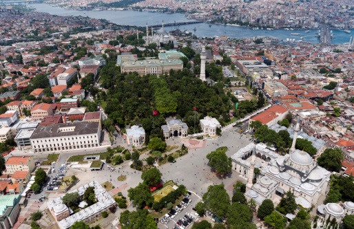Aerial of Beyazit square in Beyazit, Istanbul- Turkey. 