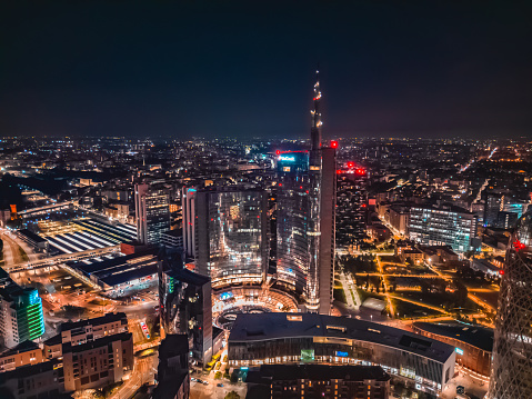 Milan aerial view at night of the Porta Nuova District