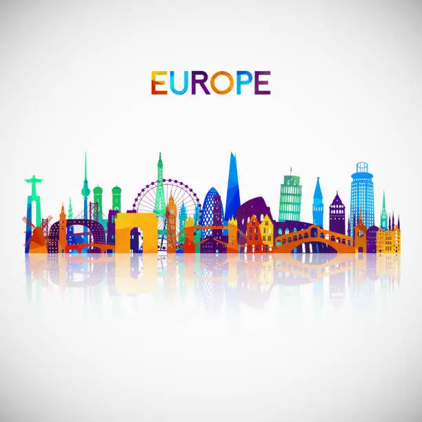 Vector illustration of Europe skyline silhouette in colorful geometric style. Symbol for your design. Vector illustration.