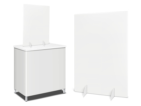 Blank white exhibition counter with floor and table display stands. Vector mockup set. Mock-up for design