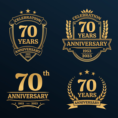 70 years anniversary icon or logo set. Vintage birthday banner design. 70th anniversary jubilee celebration golden badge or label collection. Vector illustration.