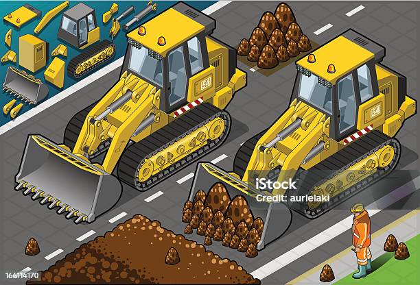 Isométrique Jaune Bulldozer En Vue De Face Vecteurs libres de droits et plus d'images vectorielles de Adulte - Adulte, Bulldozer, Casque