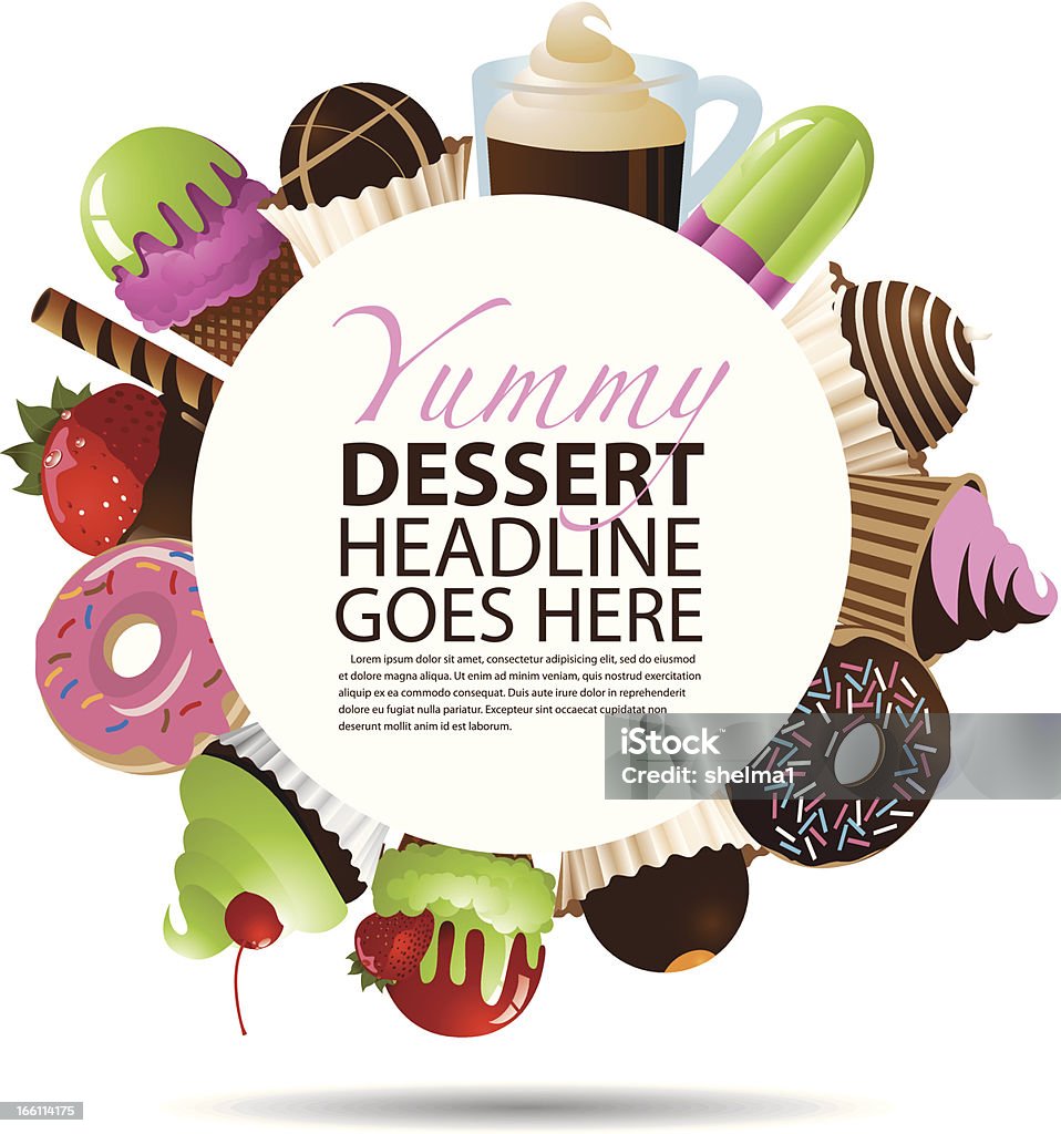 Desserts Round Background A variety of delicious dessert with space for your message. Advertisement stock vector