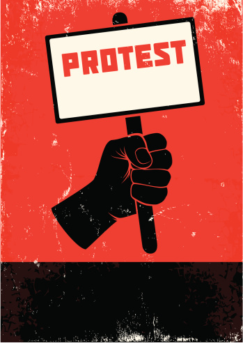 Red and black poster with fist and placard
