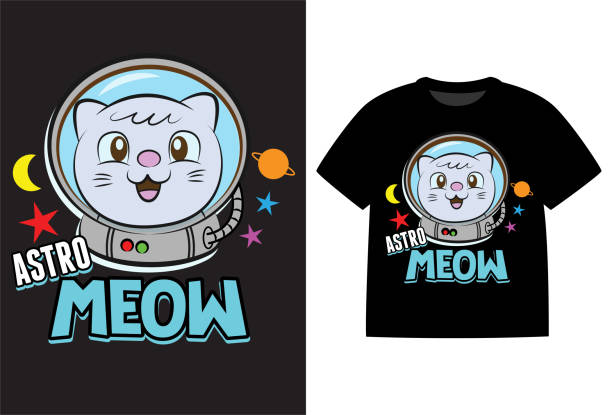 Niedliche Katzenastronauten-Cartoon-Illustration mit Typografie für T-Shirt-Design – Vektorgrafik