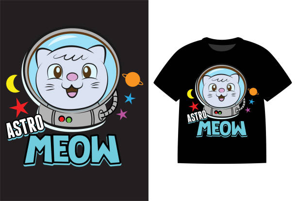 Cute cat astronaut cartoon illustration with typography for t shirt design Cute little cat astronaut cartoon illustration with astro meow typography for t shirt design with template cartoon t shirt design stock illustrations