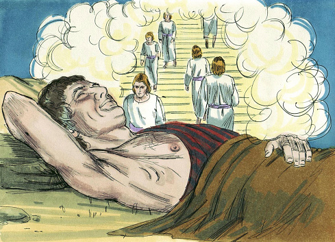 In a dream, Jacob saw a ladder extending from earth to heaven. The story is in the 28th chapter of Genesis, a book in the Old Testament. The Bible Art Library is a collection of commissioned biblical paintings. During the late 1970s and early 1980s, under a work-for-hire contract, artist Jim Padgett created illustrations for 208 Bible stories encompassing the entire Bible from Genesis through Revelation. There are over 2200 high-quality, colorful, and authentic illustrations. 