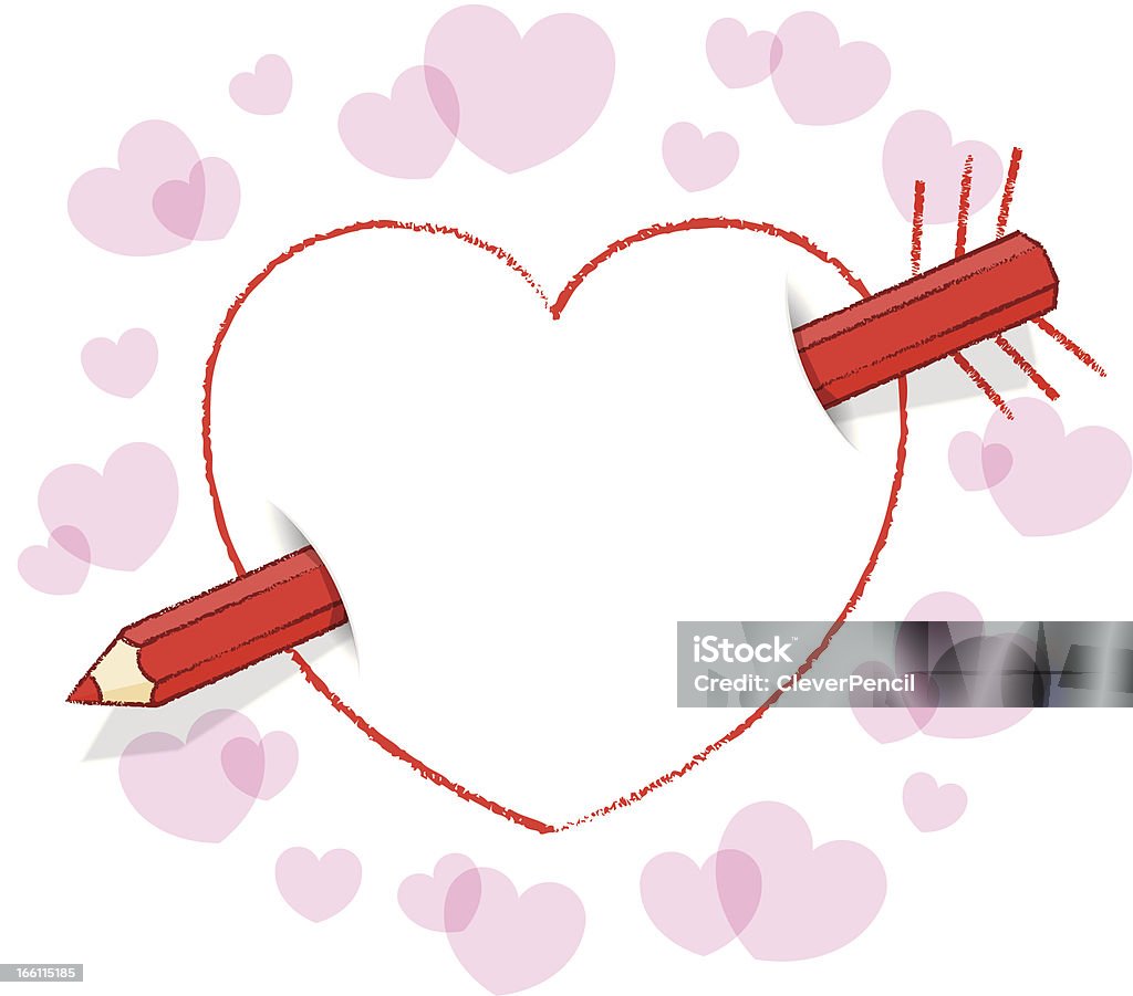 Diagonal Red Pencil Through Heart like an Arrow with Feathers Diagonal Red Pencil Piercing Empty Drawn Love Heart like an Arrow with Feathers plus surrounding Pink Hearts Acute Angle stock vector