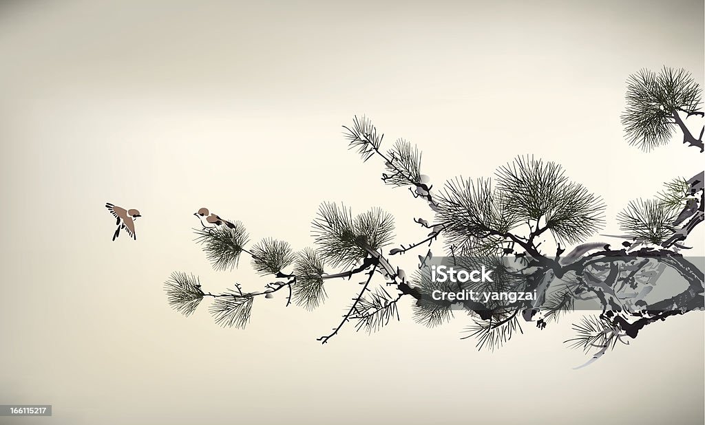 Ink style Pine Tree and birds Ink style Pine Tree and birds, eps10 file Japanese Culture stock vector