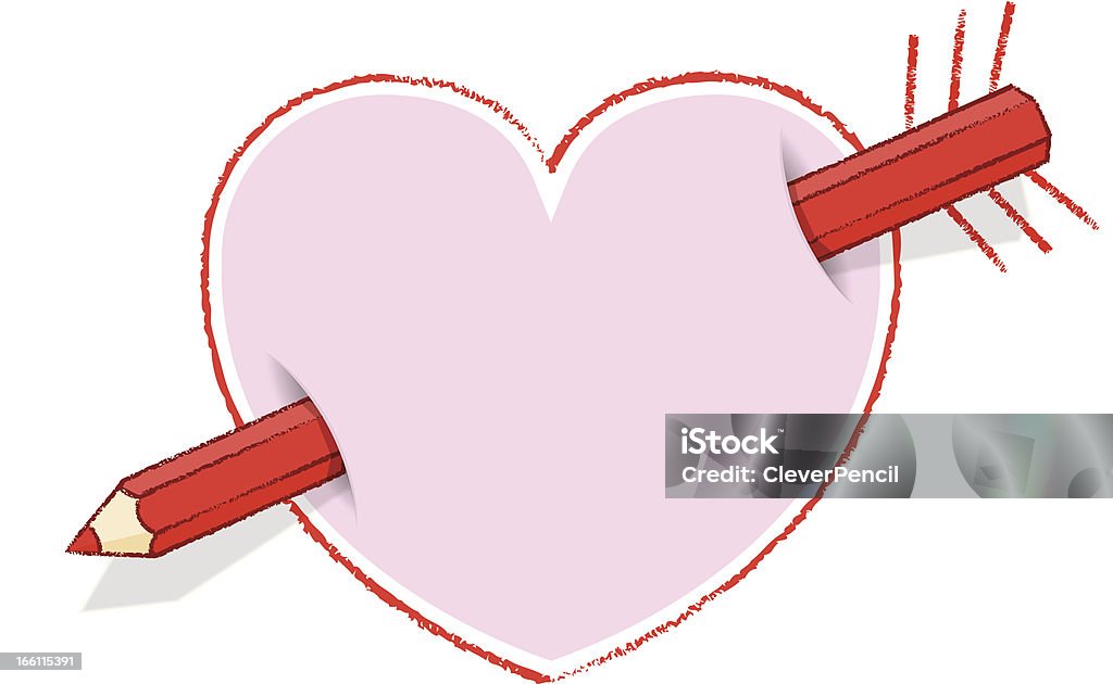 Diagonal lápis vermelho com coração como uma flecha no arco com penas - Vetor de Adaga royalty-free