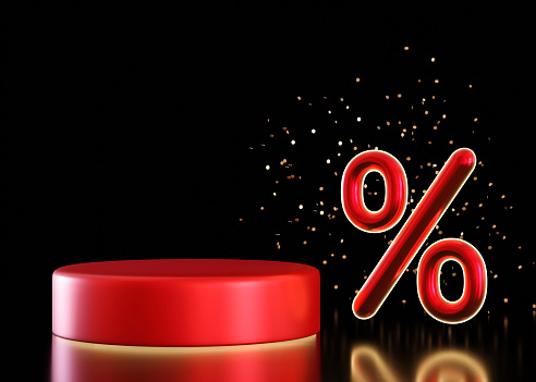 Red podium with discount sign. Black friday sale. Special offer. Scene for product, cosmetic presentation. Trendy mock up. Stage with copy space. Display, promotion. 3D render