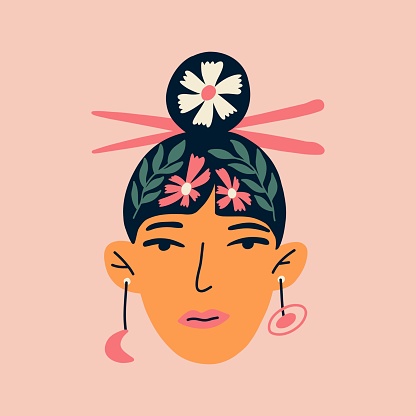 Portrait of a beautiful asian woman with flowers in her hair. Avatar of ethnic female character isolated on background. Vector for postcards, posters, social network. Mental health.