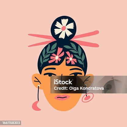 istock Portrait of a beautiful asian woman with flowers in her hair. Avatar of ethnic female character isolated on background. Vector for postcards, posters, social network. Mental health. 1661158303
