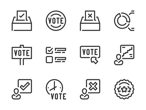 Election and Voting vector line icons. Vote, Ballot box and Polling outline icon set.