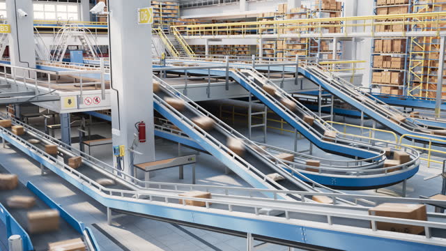 Modern Automated Logistics Warehouse with Working Conveyor Belt System with Online Shopping Orders Managed by AI Computer. Timelapse Footage of Parcels Transported on Conveyor Line