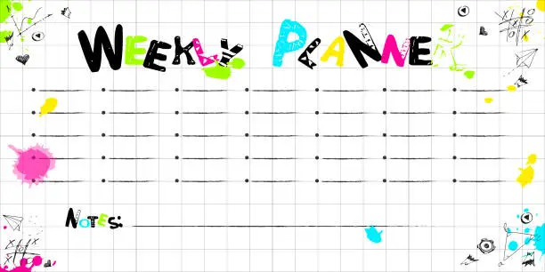 Vector illustration of Time planning concept in school style. A weekly to-do list on a notebook sheet of paper with freehand drawings and multi-colored blots.