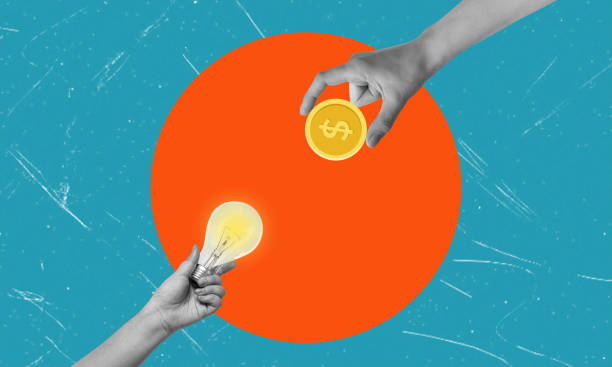 istock A banner poster collage featuring two people exchanging light bulbs and buying gold coins on a blue background. 1661167066