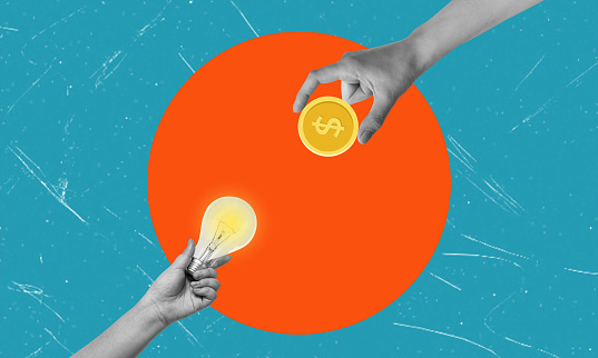 A banner poster collage featuring two people exchanging light bulbs and buying gold coins on a blue background. The concept of selling ideas.