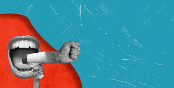 istock An artistic art collage featuring a hand holding a megaphone with a clenched fist instead of the megaphone on a blue background. 1661167582