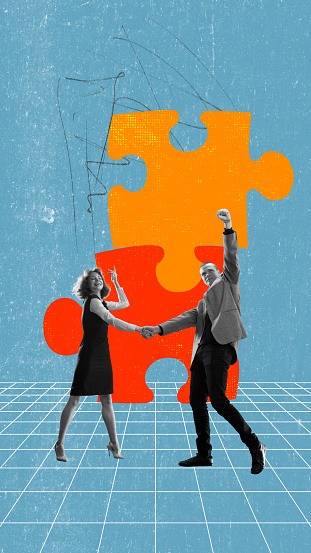 Contemporary art collage. Successful teamwork. Employee, man and woman shaking hands over connected puzzles. Reaching success together. Concept of business, cooperation, partnership, career, ad