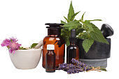 Natural Medicine: Mortars, Herbs, and Pharmaceutical Bottles