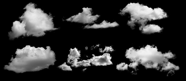 Set of white clouds on black background. Ready to use with screen mode.