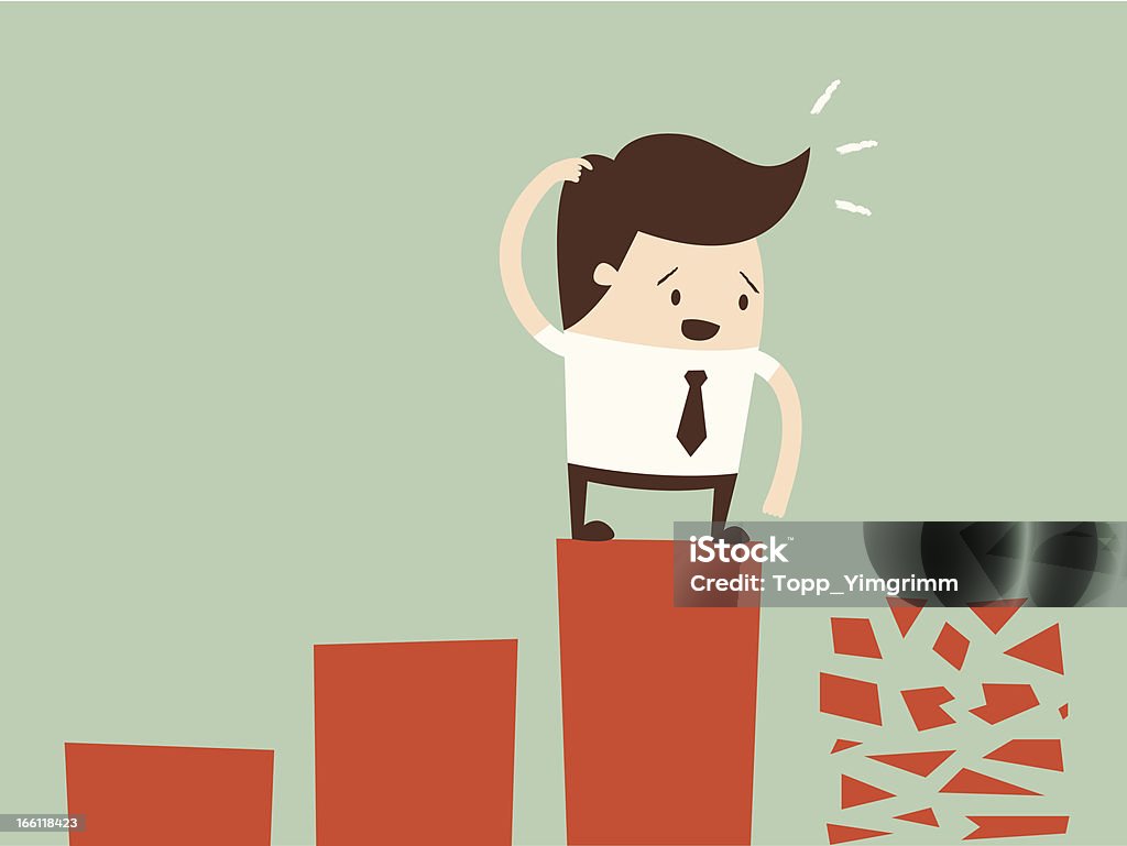 business collapse frightened man in a chart going down. Bank - Financial Building stock vector