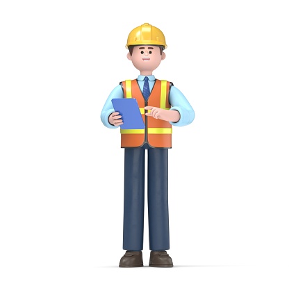 3D illustration of male engineer Owen with clipboard. 3D rendering on white background.