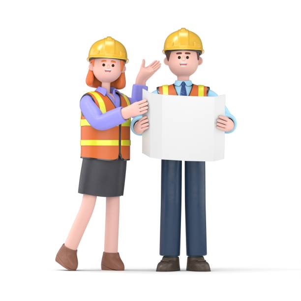 istock 3D illustration of cartoon engineers with reading a drawing.3D rendering on white background. 1661185203