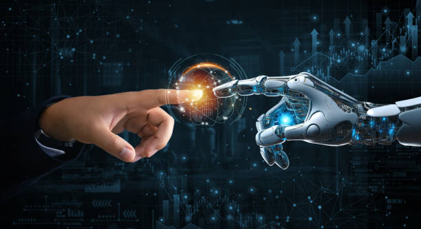 istock Hands of robot and human touching on big data connection on stock graph background. Science and artificial intelligence technology, innovation of futuristic. AI, Machine learning. 1661187454
