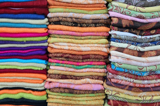 Pashmina scarf selection at a market in Siem Reap, Cambodia.