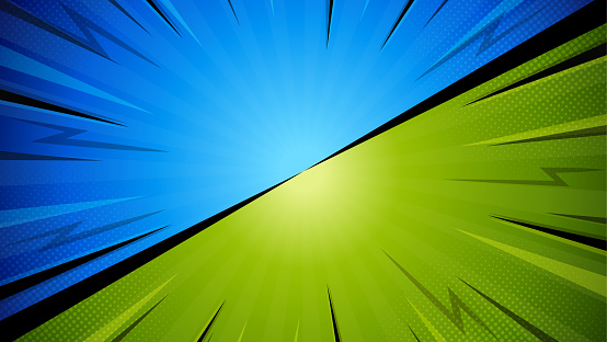 Bright versus comic style background with lightning and halftone effect. Retro comic blue and green background.