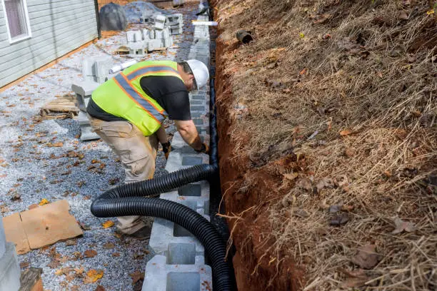 Laying drainage pipe for rainwater in retaining wall is essential to prevent water buildup.