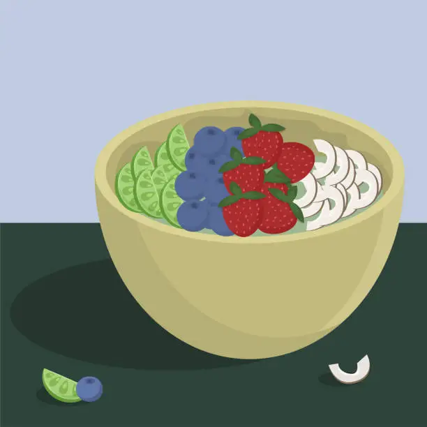 Vector illustration of Acai bowl with nuts and different fruits. Healthy Brazilian food theme.