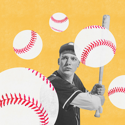Contemporary art collage. Young man, professional sportsman playing baseball over yellow background with baseball balls. Concept professional sport, creativity, competition, game. Banner, poster, ad