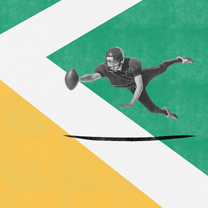 Contemporary art collage. Young man, american football player in motion, cannonball over abstract background. Concept professional sport, creativity, competition, game. Banner, poster, ad