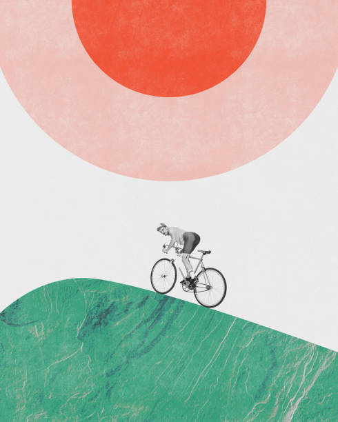 Contemporary art collage. Young man, cyclist in uniform riding bike. Retro style design Contemporary art collage. Young man, cyclist in uniform riding bike. Retro style design. Summer hobby. Concept professional sport, creativity, competition, game. Banner, poster and ad man 60s bicycle stock pictures, royalty-free photos & images