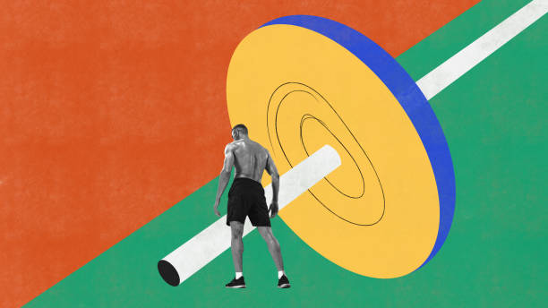 istock Contemporary art collage. Muscular, athletic man training, bodybuilder lifting weights. Strong body 1661232528