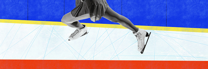 Contemporary art collage. Female legs, figure skater during competition on ice rink. Beautiful performance. Banner. Concept professional sport, creativity, competition, game. Banner, poster and ad