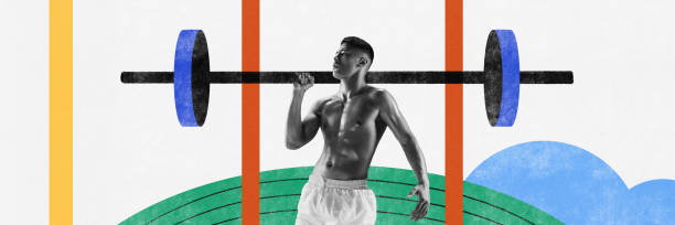 istock Contemporary art collage. Muscular, athletic man training, bodybuilder lifting weights. Strong body 1661236643