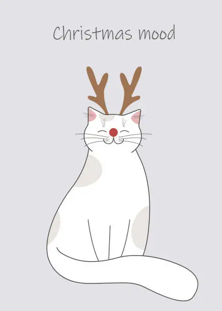 Vector illustration of Cat with antlers its head and red nose. Holiday card with inscription christmas mood