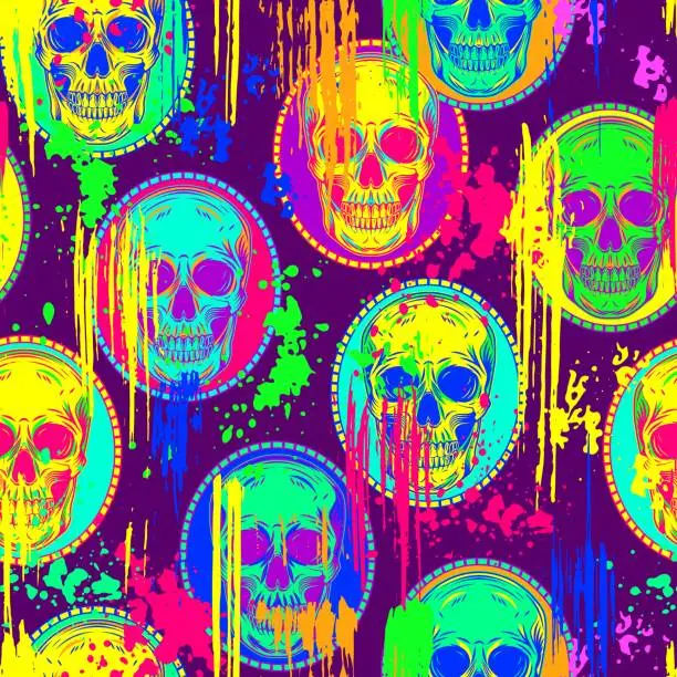 Vector illustration of Neon pop art pattern with human skull