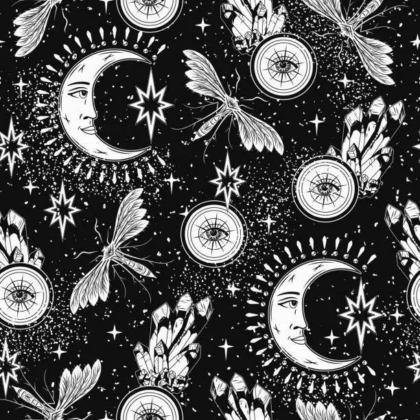 Vector illustration of Pattern with magic ball, crystals, moon, butterfly