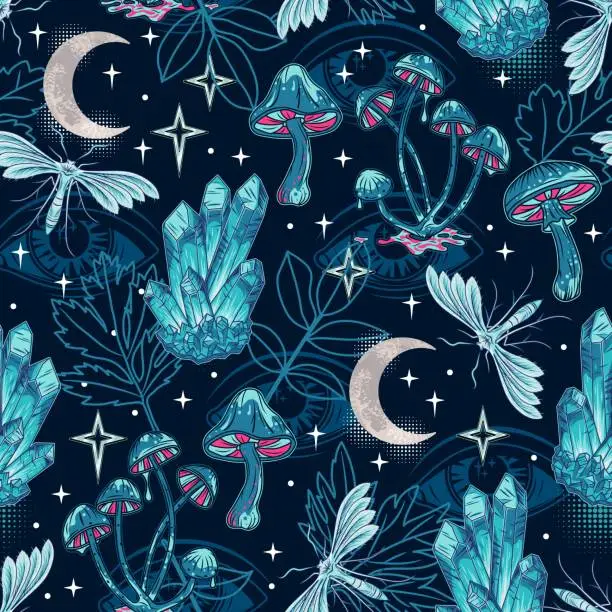 Vector illustration of Night pattern with moon, stars, moth, mushrooms