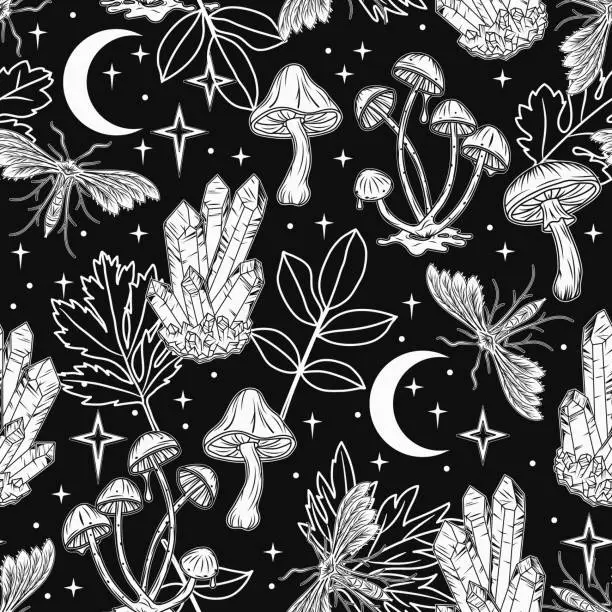 Vector illustration of Pattern with crescent moon with face, stars, night butterfly, moth, flowers and star dust. Mythological faitytale, mystical concept. For clothing, apparel, T-shirts, kids design