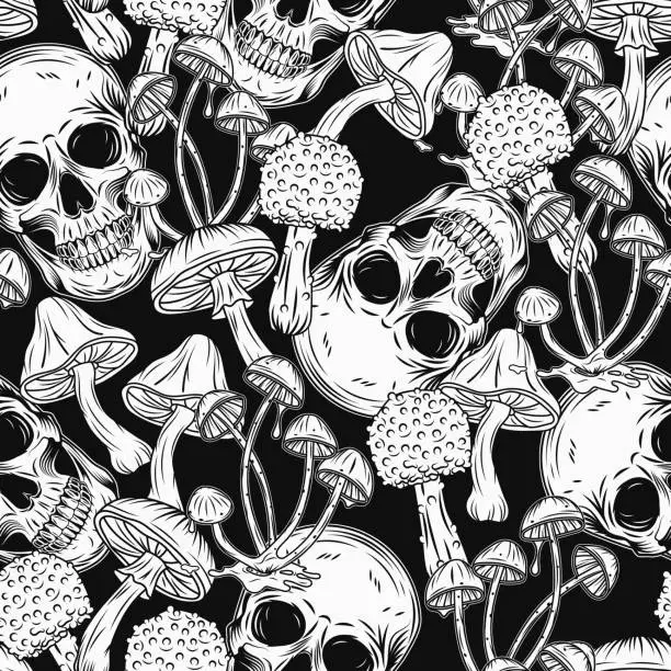 Vector illustration of Pattern with human skull, mushrooms