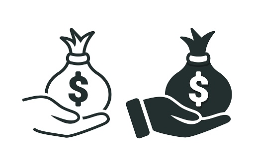 Hands holding up money bag. Vector illustration